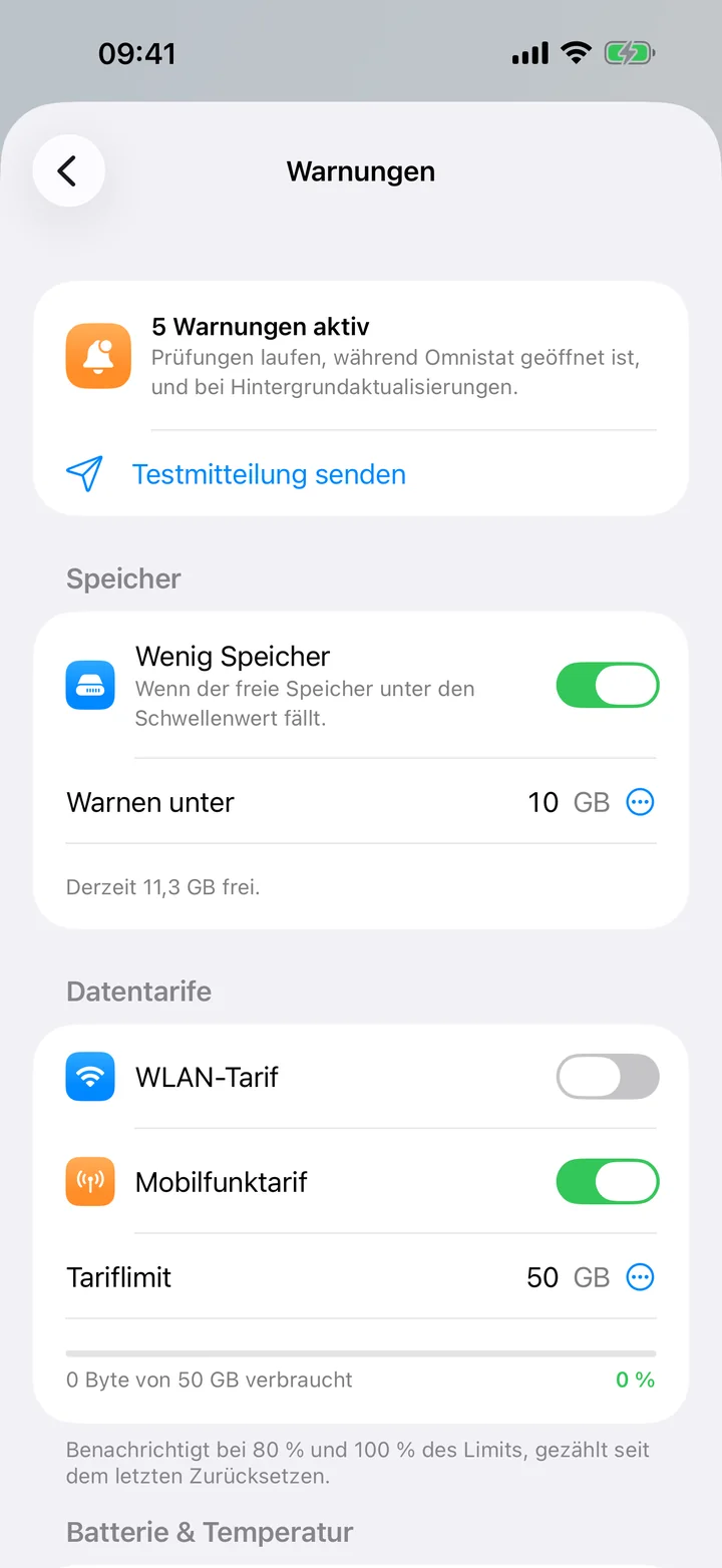 Die Warnungen-Ansicht mit Schaltern für wenig Speicher und Datentarife samt Schwellenwerten.