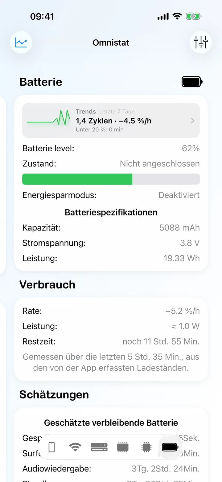 Die Batterieansicht mit Ladestand, Status, Entladerate und Batteriedaten.