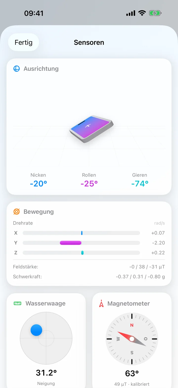 Die Sensorenansicht mit 3D-Modell des Geräts, Nick-, Roll- und Gierwinkel, Wasserwaage und Kompass.