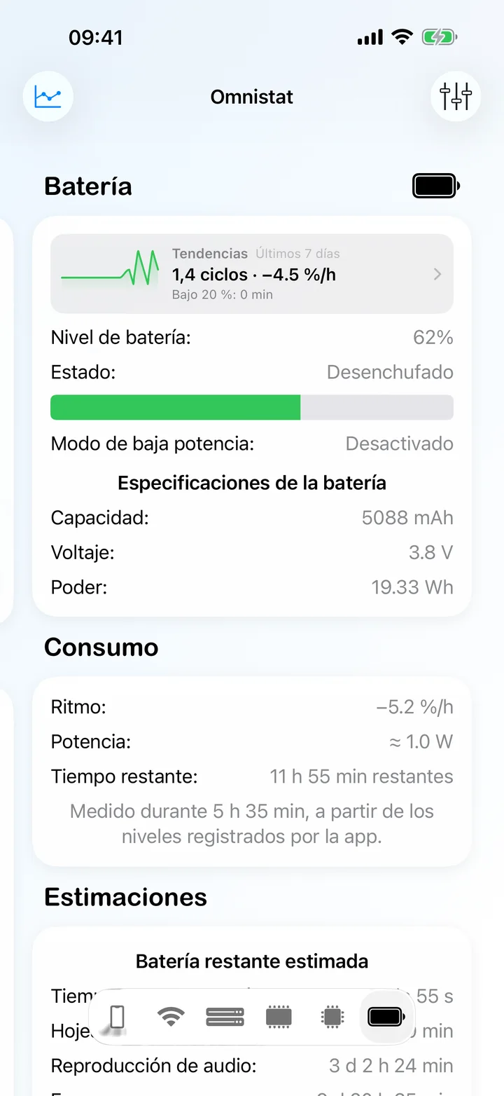 La pantalla Batería con el nivel, el estado, el ritmo de descarga y las especificaciones de la batería.