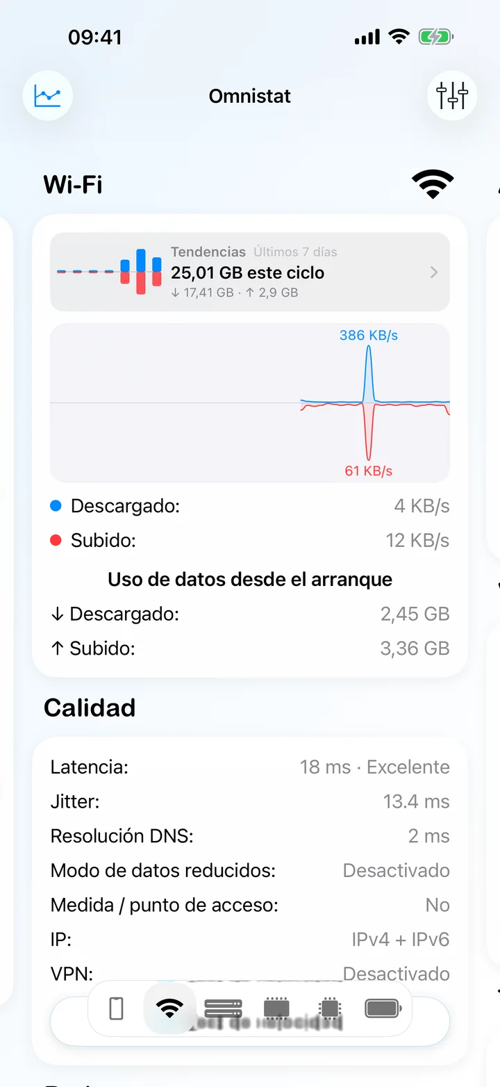 La pantalla Wi‑Fi con una gráfica de velocidad en directo y una tarjeta de calidad con latencia, jitter y tiempo de DNS.