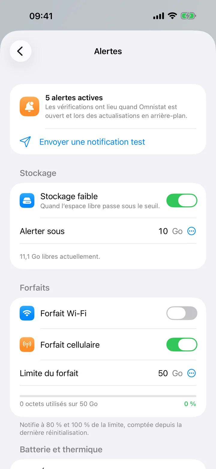 L’écran Alertes avec les interrupteurs du stockage faible et des forfaits, et leurs seuils.