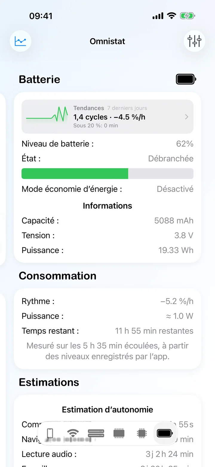 L’écran Batterie avec le niveau, l’état, la vitesse de décharge et les caractéristiques.