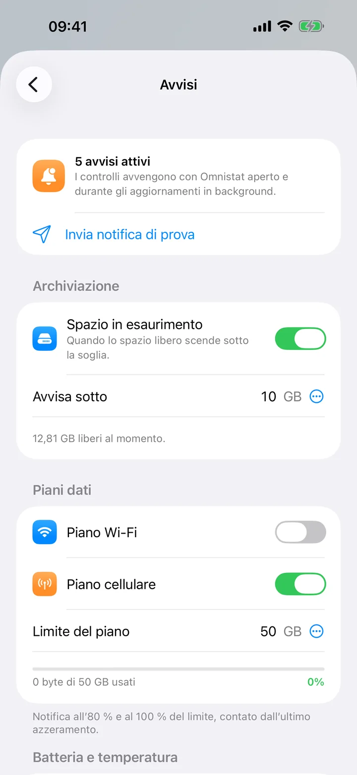 La schermata Avvisi con interruttori per spazio in esaurimento e piani dati, e le relative soglie.