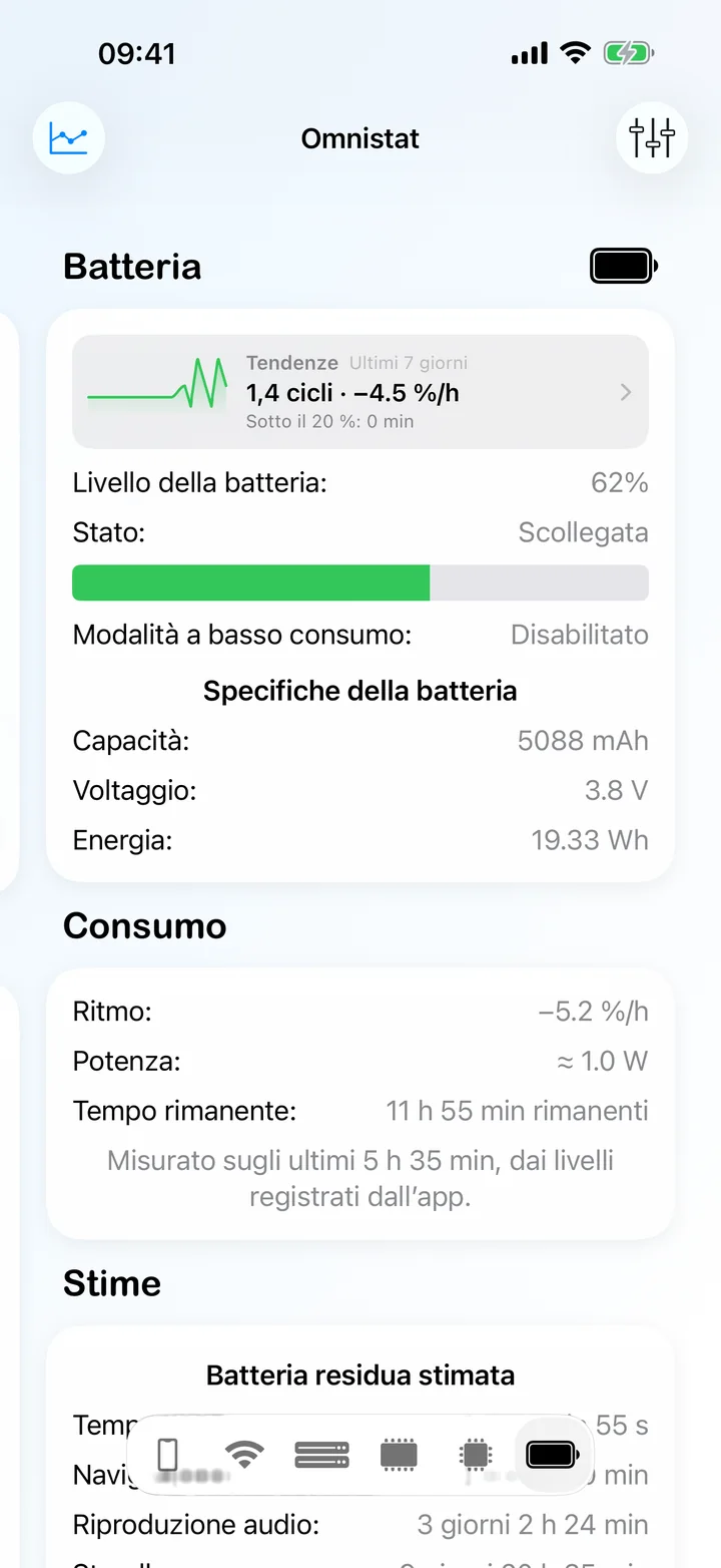 La schermata Batteria con livello, stato, ritmo di scarica e specifiche della batteria.