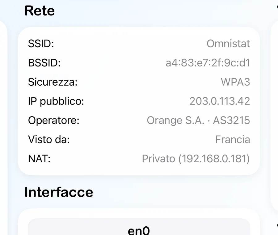 La scheda rete con nome della rete, sicurezza, IP pubblico, operatore e tipo di NAT.