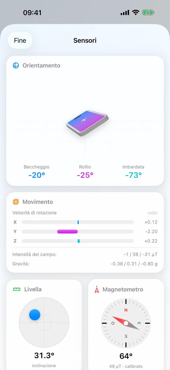 La schermata Sensori con un modello 3D del dispositivo, beccheggio, rollio e imbardata, una livella a bolla e una bussola.