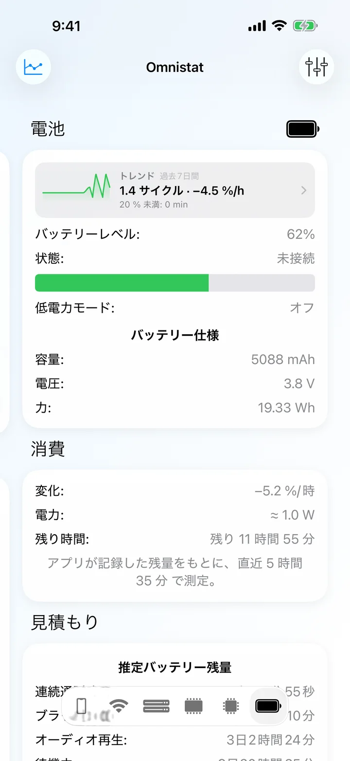 残量、状態、放電速度、バッテリーの仕様を表示するバッテリー画面。