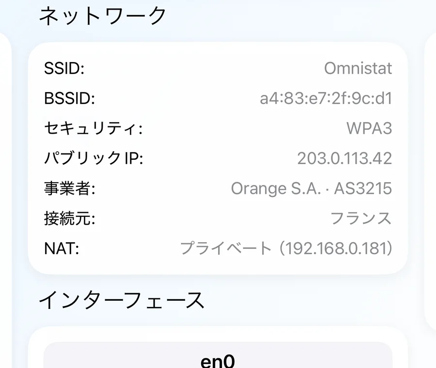ネットワーク名、セキュリティ、パブリックIP、事業者、NATの種類を表示するネットワークカード。