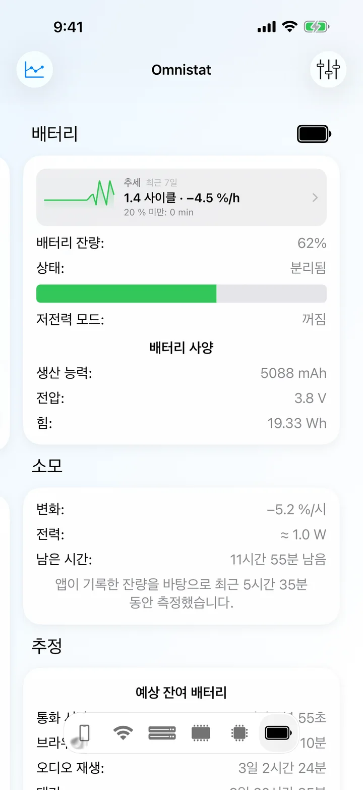 잔량, 상태, 소모 속도, 배터리 사양을 보여 주는 배터리 화면.