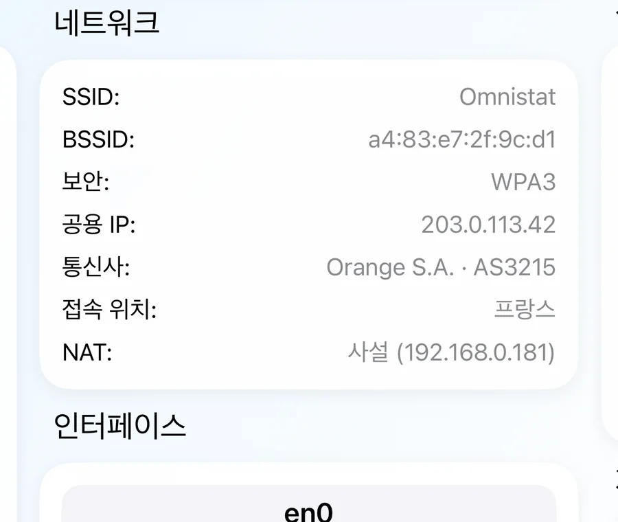 네트워크 이름, 보안, 공용 IP, 통신사, NAT 유형을 보여 주는 네트워크 카드.