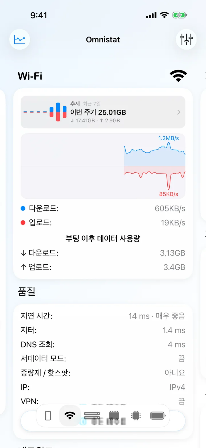 실시간 처리량 그래프와 지연 시간, 지터, DNS 시간을 보여 주는 품질 카드가 있는 Wi‑Fi 화면.