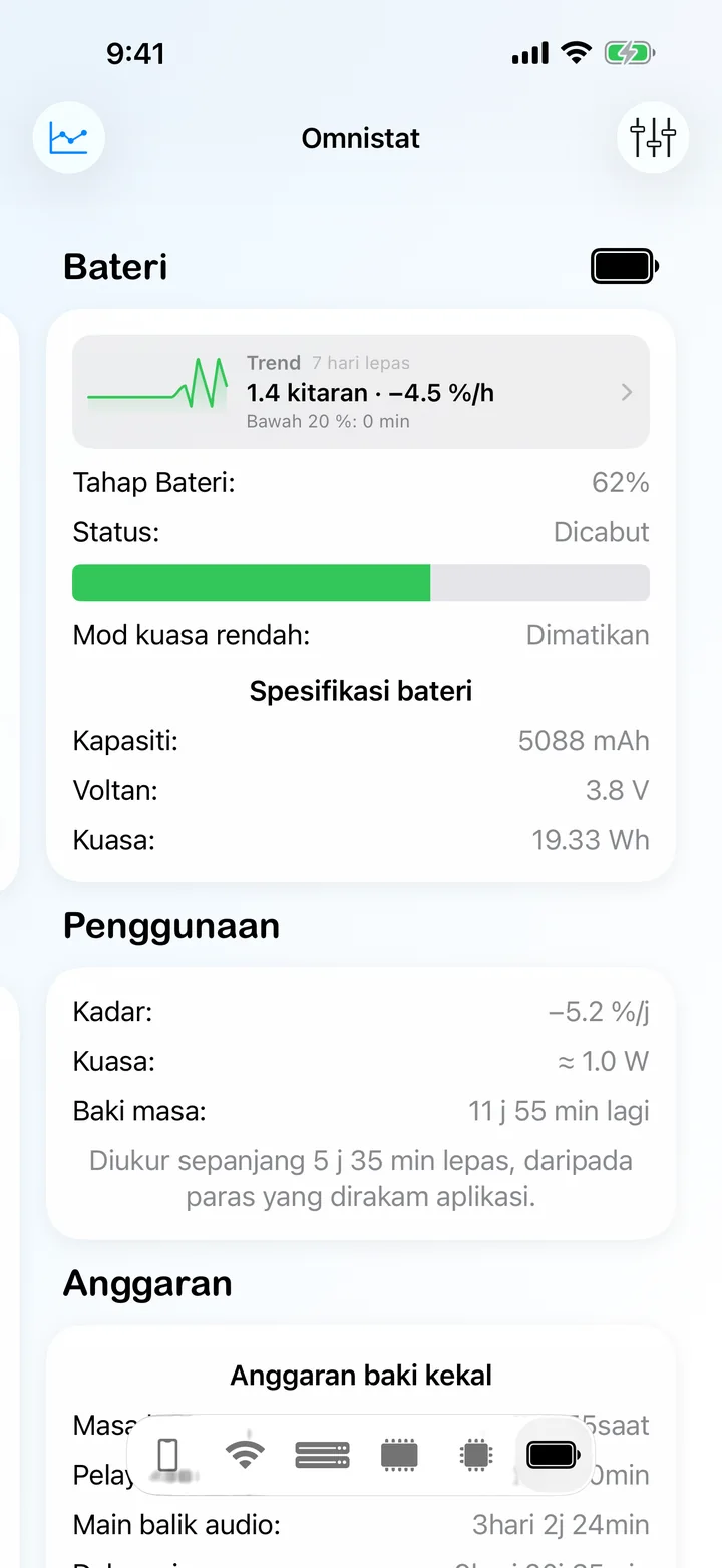 Skrin Bateri dengan paras, keadaan, kadar susut dan spesifikasi bateri.