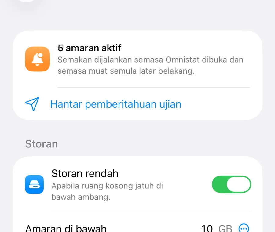 Skrin Amaran dengan suis untuk storan rendah dan pelan data serta ambangnya.