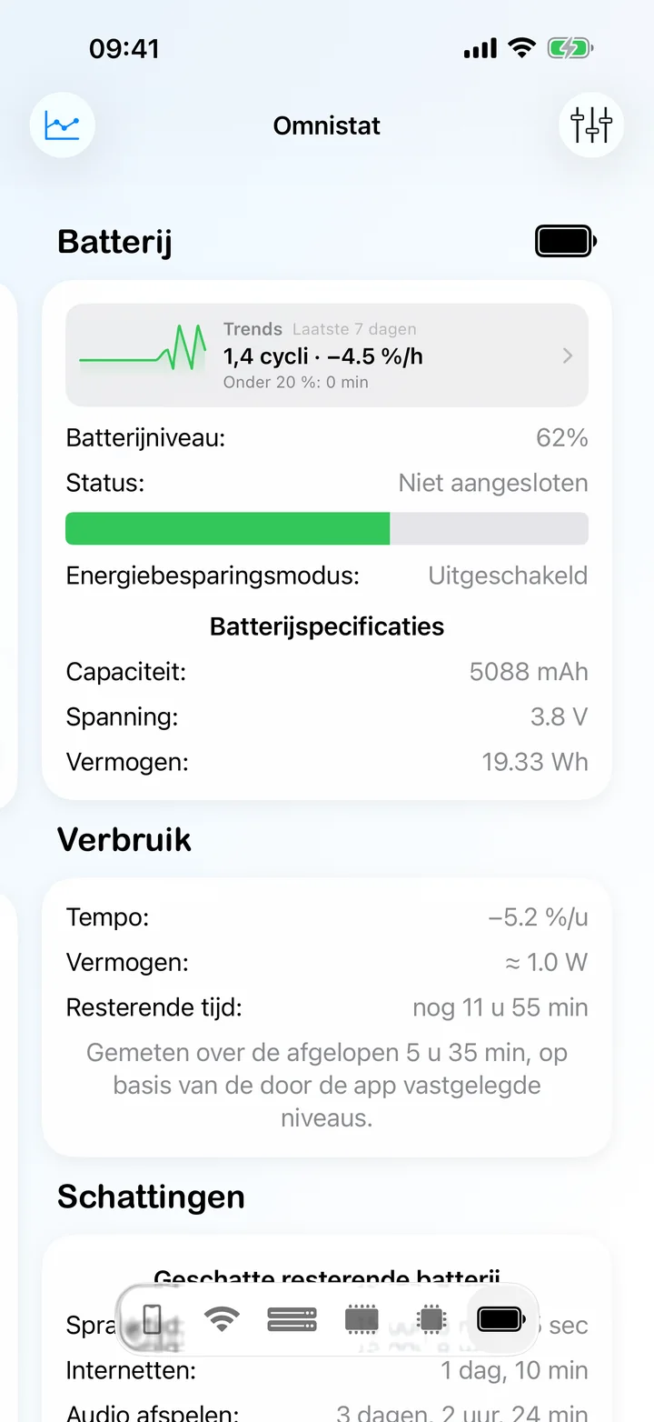 Het Batterij-scherm met niveau, status, ontlaadsnelheid en batterijspecificaties.