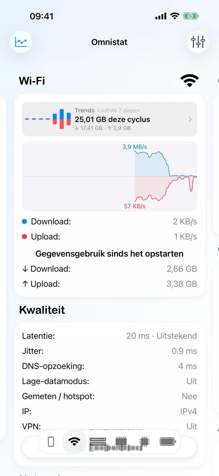 Het wifischerm met een live doorvoergrafiek en een kwaliteitskaart met latentie, jitter en DNS-tijd.