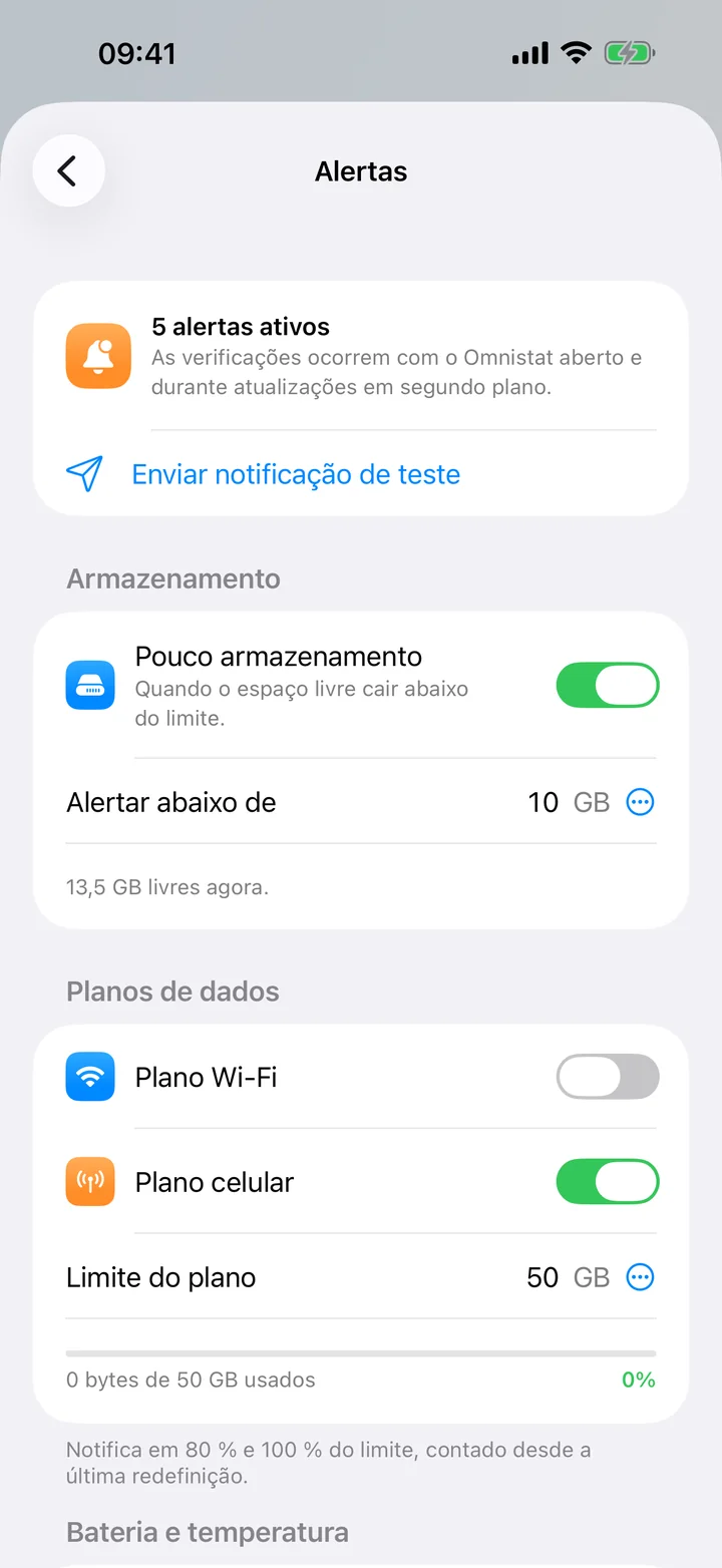 A tela Alertas com botões para pouco espaço e planos de dados, e seus limites.