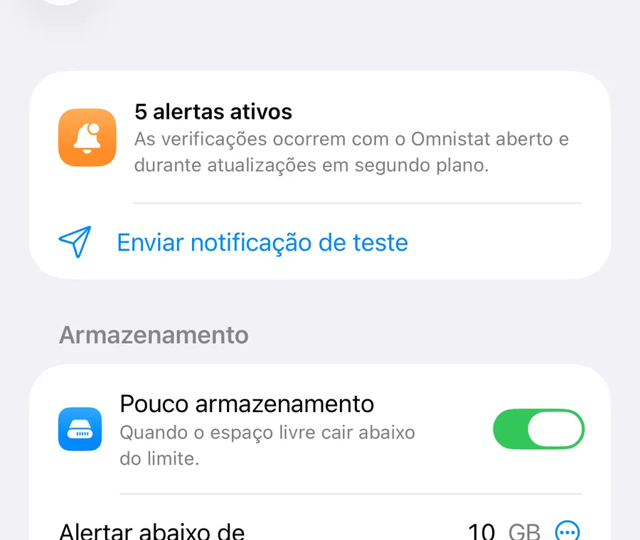 A tela Alertas com botões para pouco espaço e planos de dados, e seus limites.