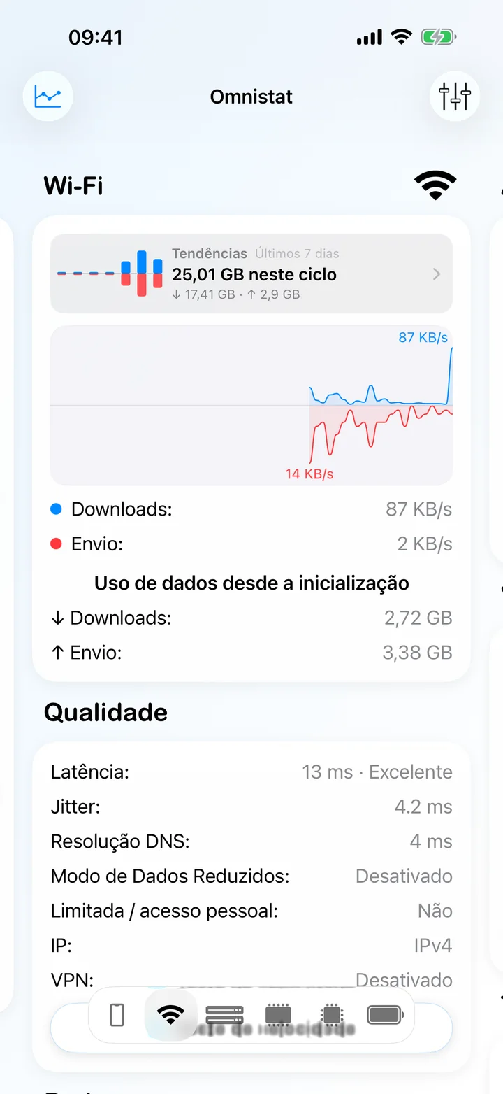 A tela Wi‑Fi com um gráfico de velocidade ao vivo e um cartão de qualidade com latência, jitter e tempo de DNS.