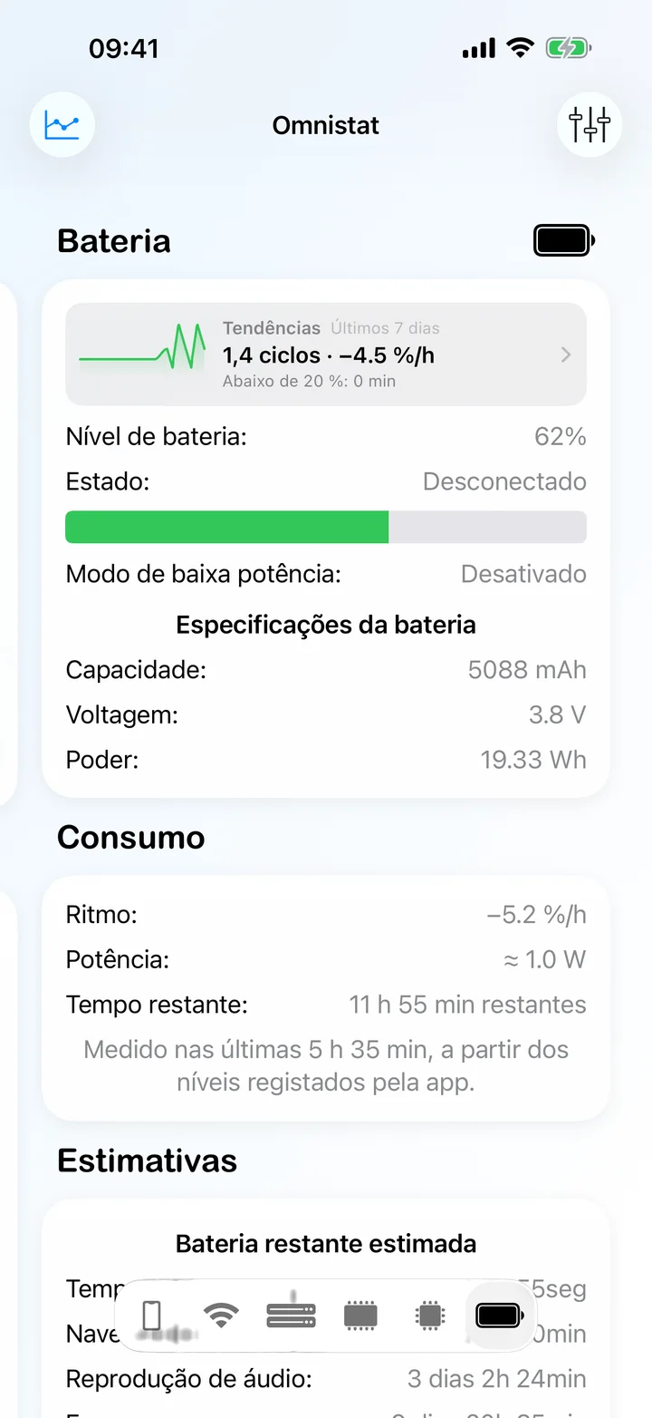 O ecrã Bateria com nível, estado, ritmo de descarga e especificações da bateria.