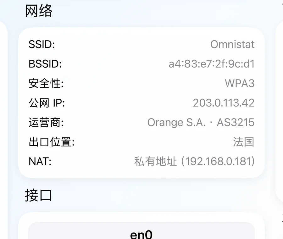 网络卡片，显示网络名称、安全性、公网 IP、运营商和 NAT 类型。