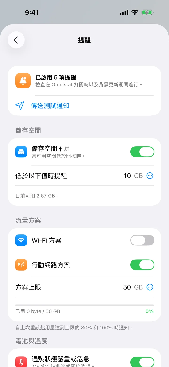 提醒畫面，顯示儲存空間不足和流量方案的開關及其門檻。