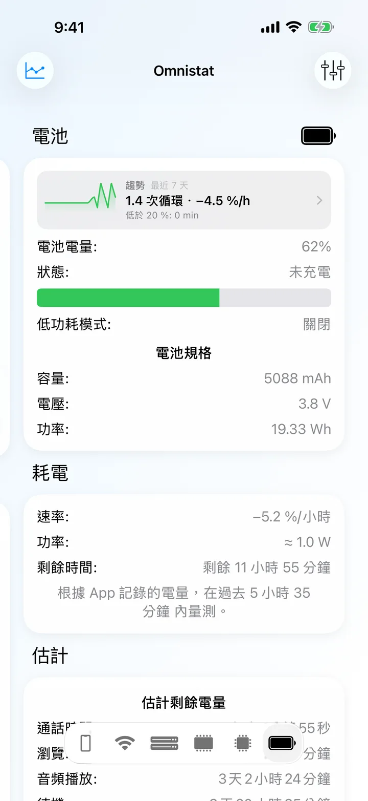 電池畫面，顯示電量、狀態、放電速率和電池規格。