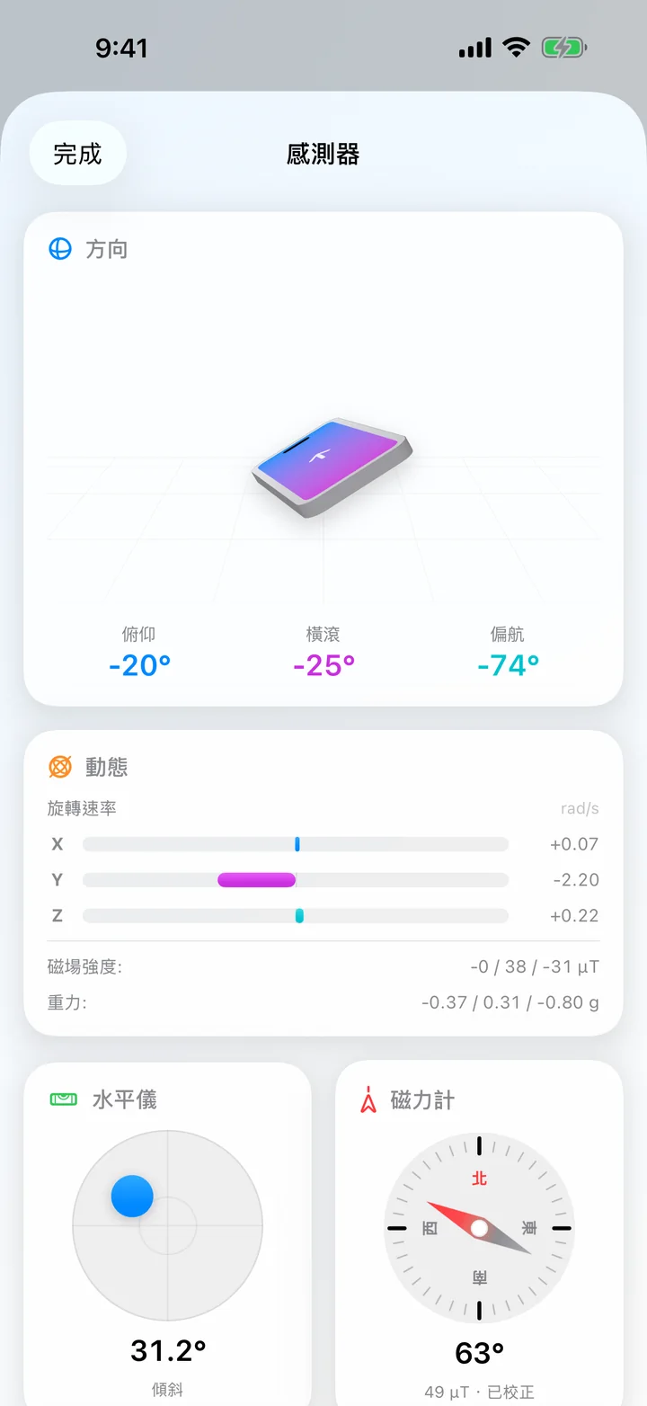 感測器畫面，顯示裝置的 3D 模型、俯仰、翻滾與偏擺、水平儀和指南針。
