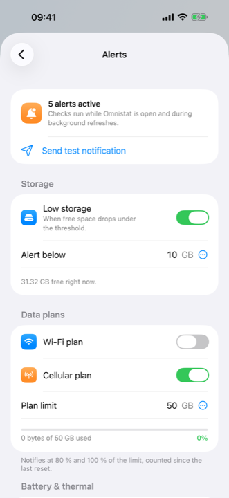 The alerts screen with switches for low storage, Wi-Fi and cellular data plans and their thresholds.