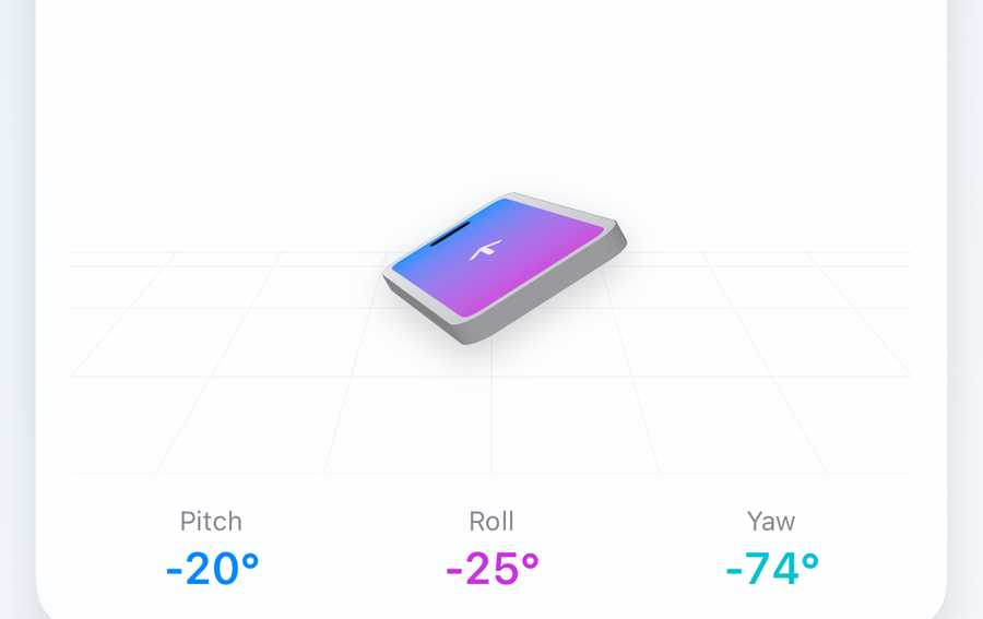 The orientation card: the device drawn in 3D on a grid, with pitch −20°, roll −25° and yaw −74°.