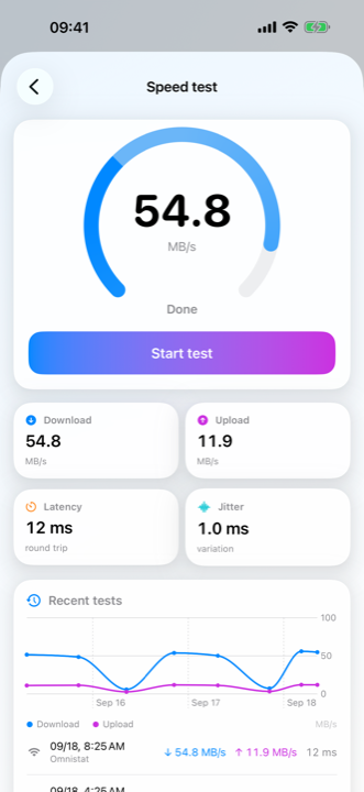 The speed test screen with a gauge reading 54.8 MB/s and tiles for download, upload, latency and jitter.