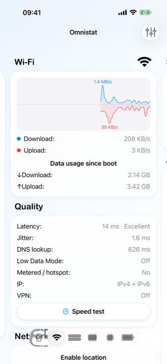 The Wi-Fi screen with a live throughput graph and a quality card showing latency, jitter and DNS lookup time.